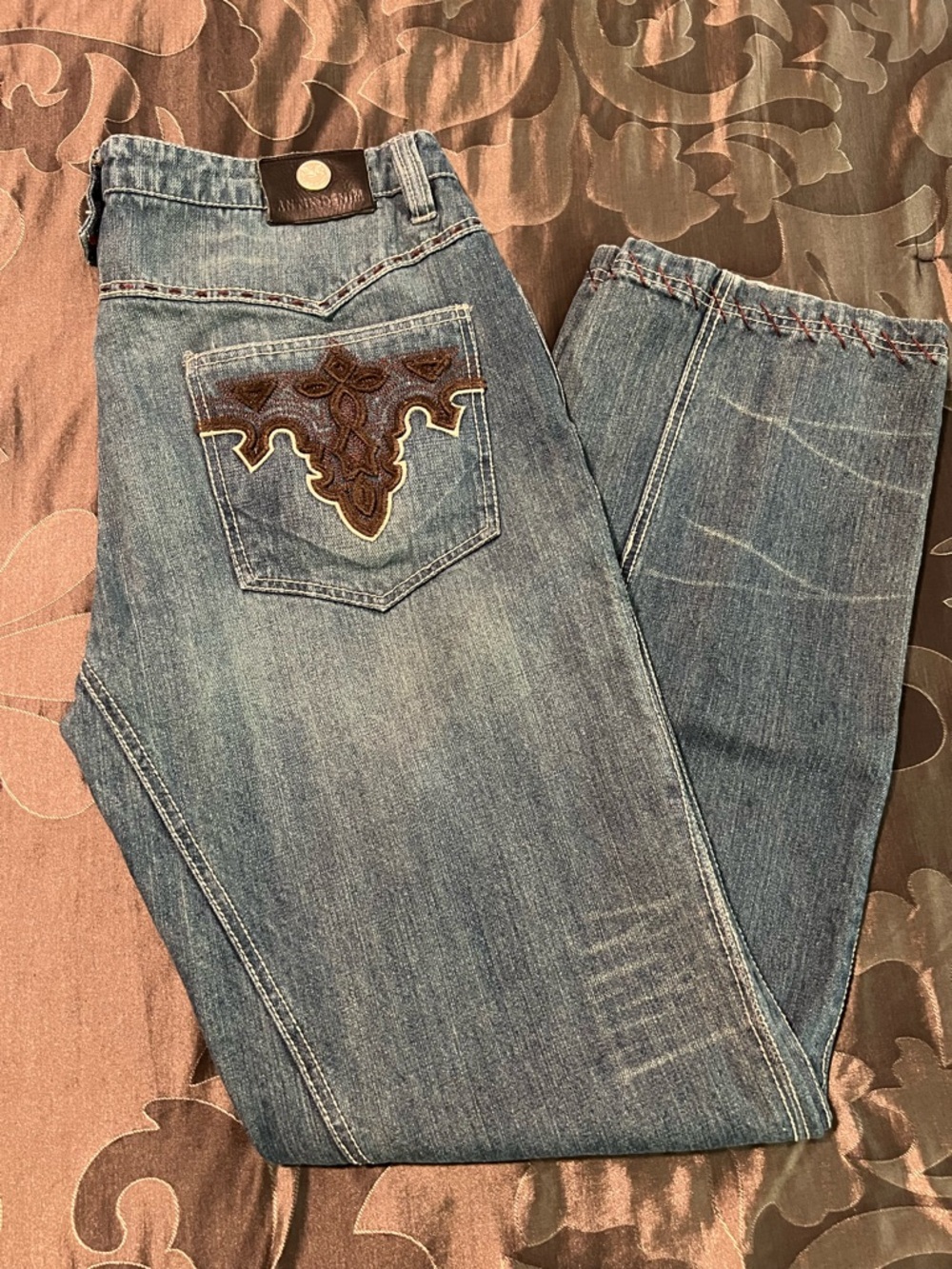 Antik Denim Straight Leg Denim Jeans Brown Embroidery Button Fly Western 38x34